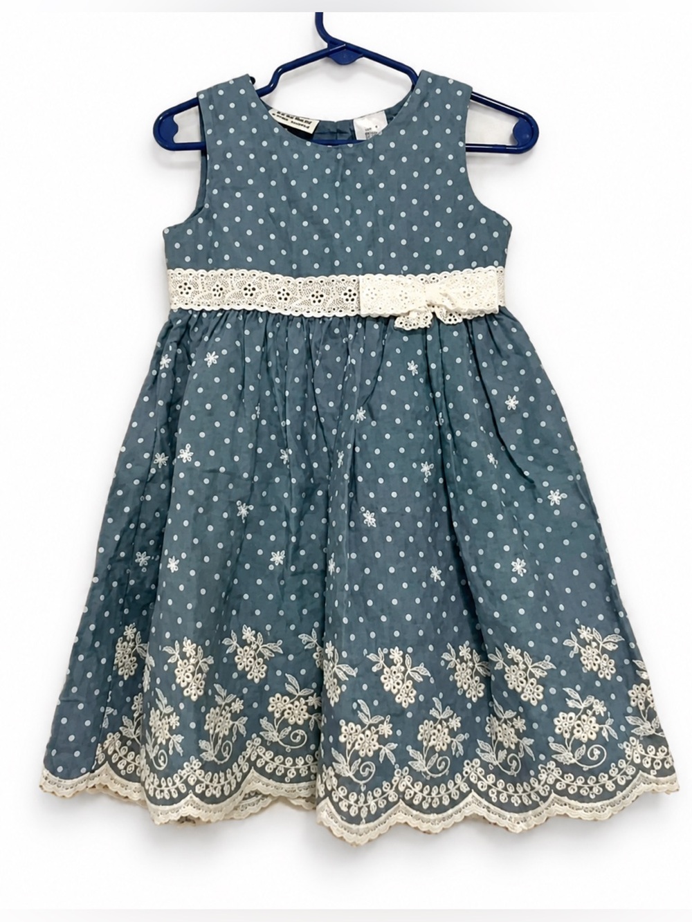 Blueberry Boulevard Girls Blue Polka Dot Lace Trimmed Dress Size 3T